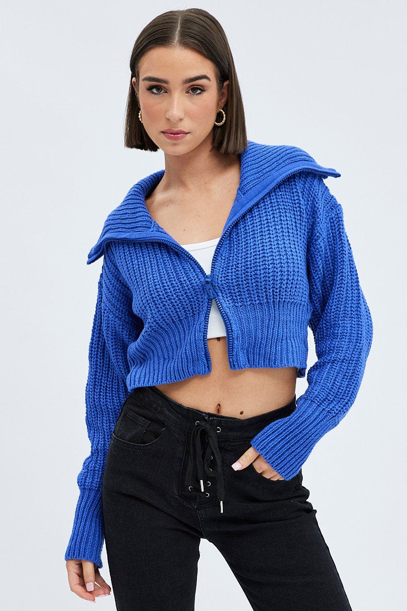 Blue Zip up Crop Cardigan for Ally Fashion