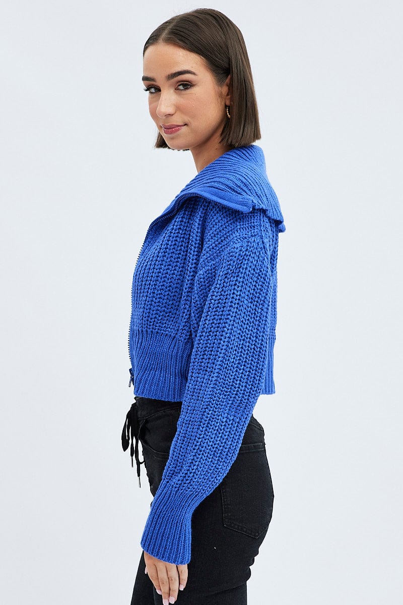 Blue Zip up Crop Cardigan for Ally Fashion