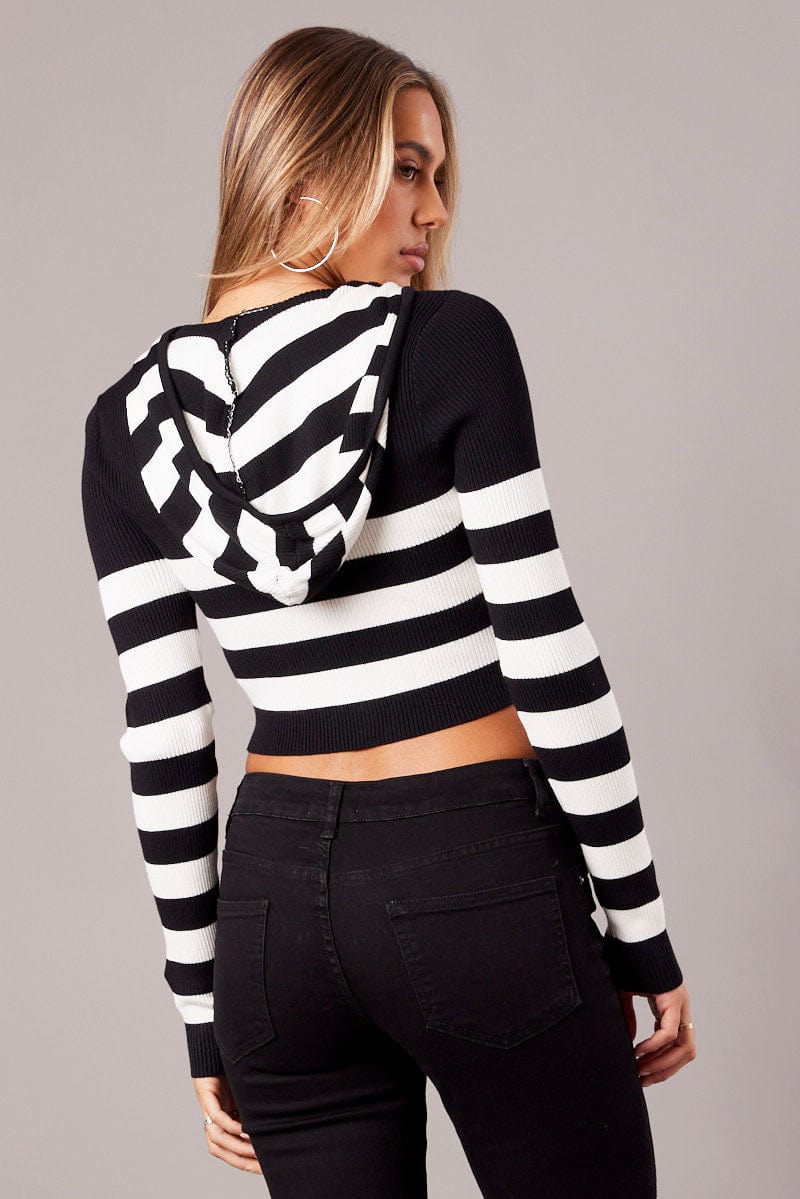 Black Stripe Hooded Knit Cardigan Long Sleeve for Ally Fashion