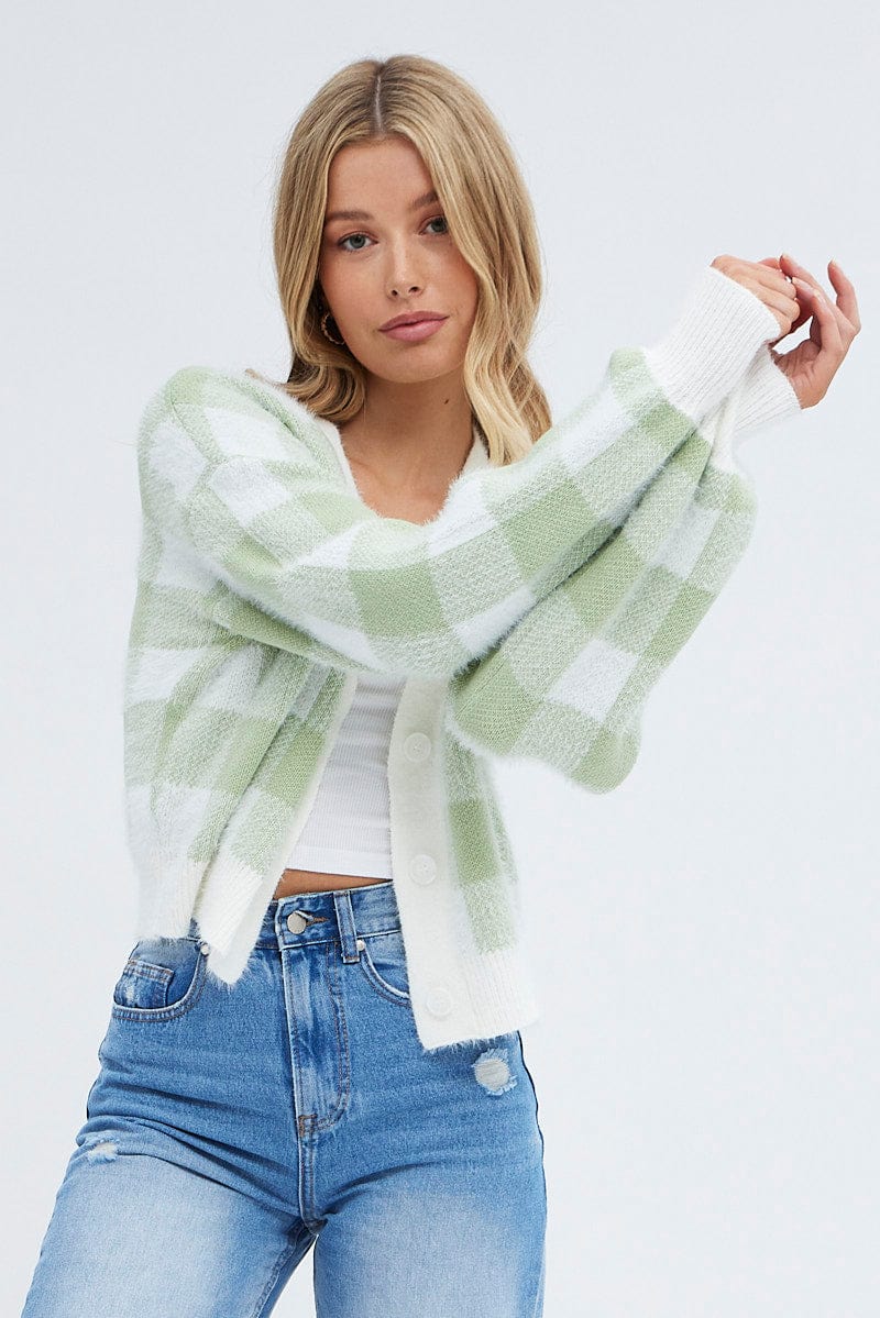 Green Check Crop Knit Cardigan Check for Ally Fashion