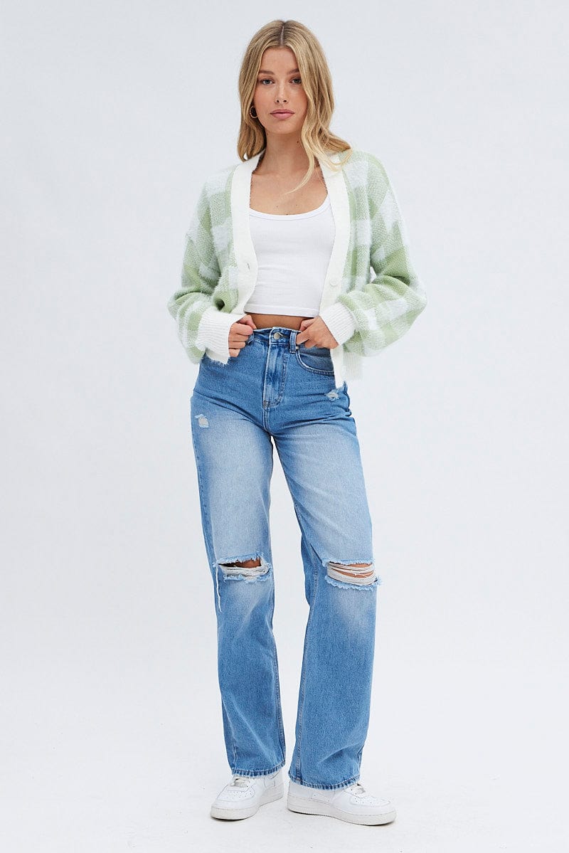 Green Check Crop Knit Cardigan Check for Ally Fashion