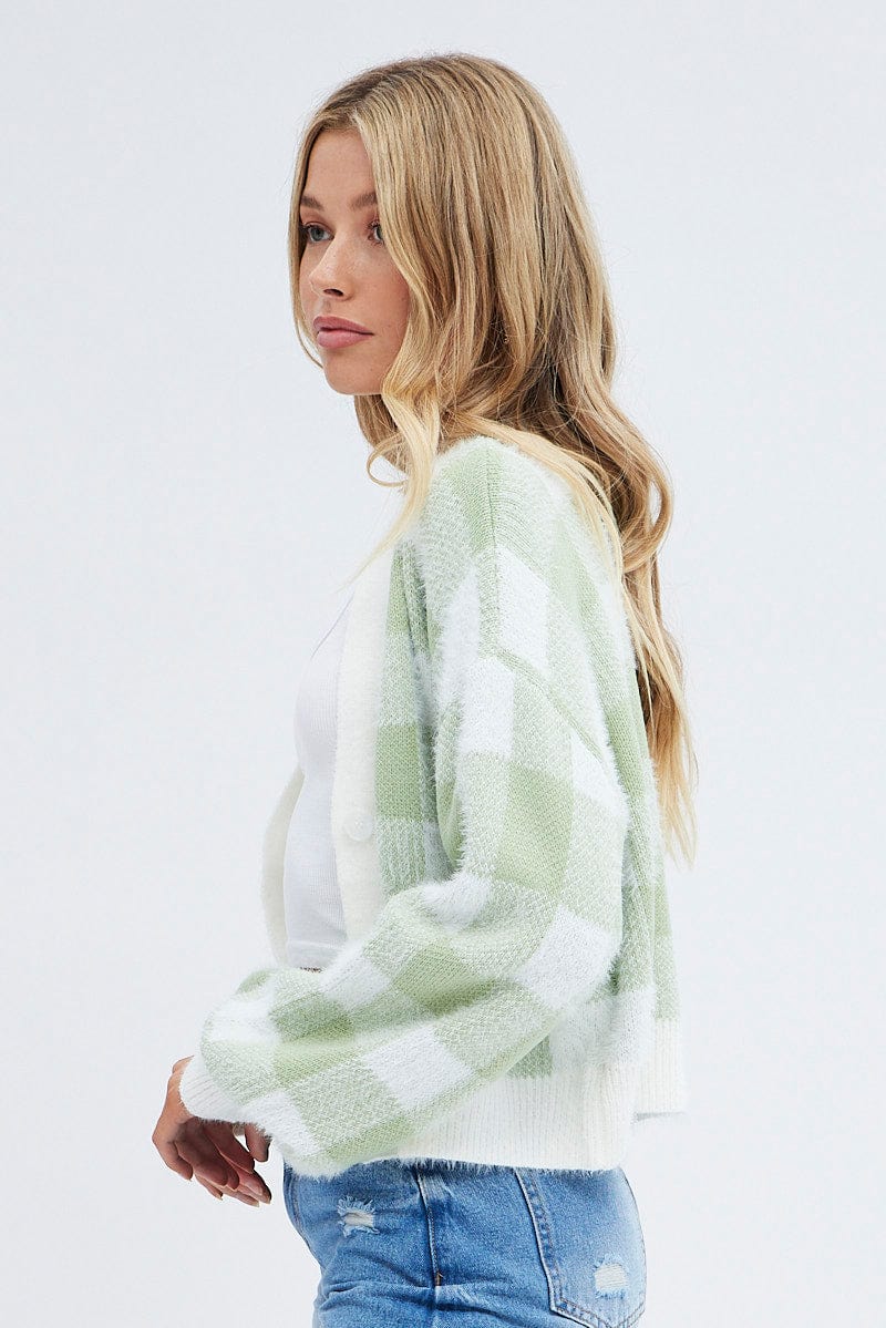 Green Check Crop Knit Cardigan Check for Ally Fashion