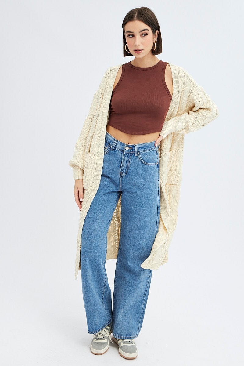 Camel Longline Cardigan Cable Knit for Ally Fashion