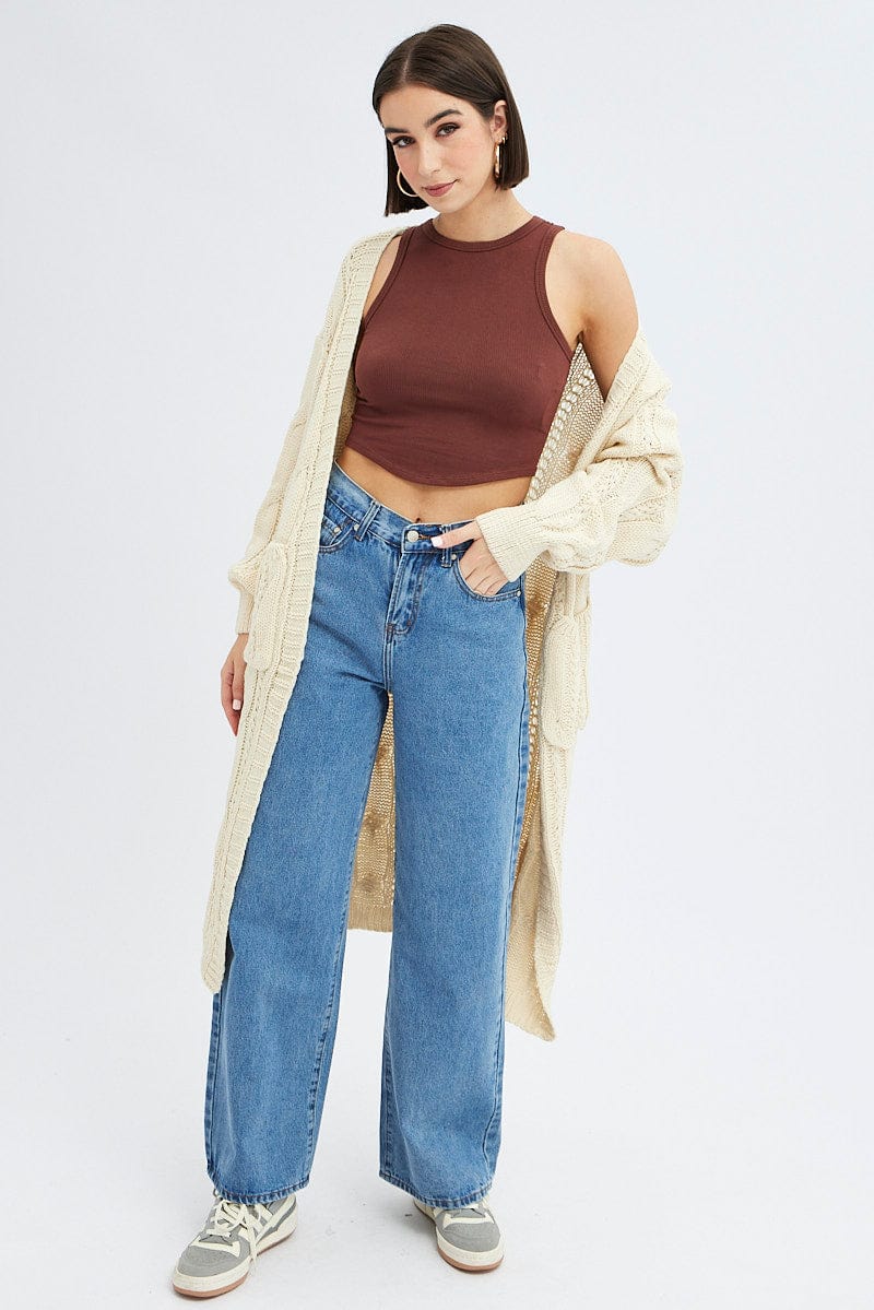 Camel Longline Cardigan Cable Knit for Ally Fashion