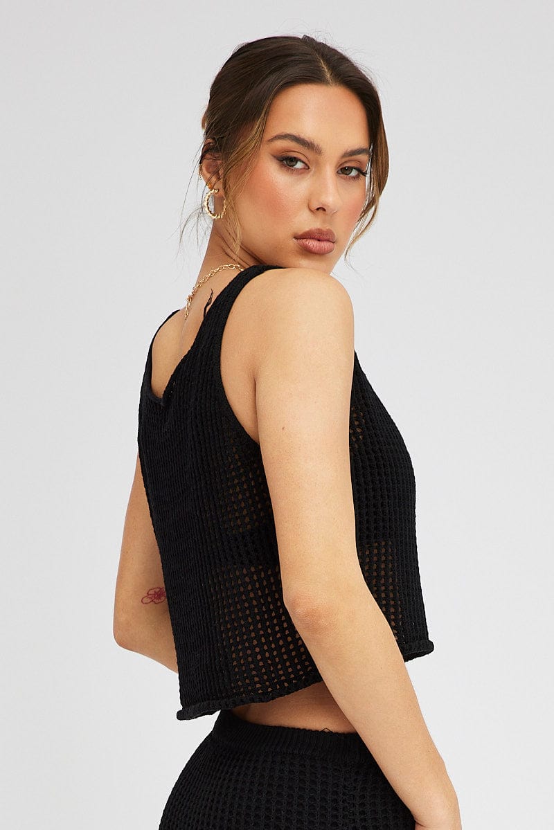 Black Crochet Knit Top Scoop Neck for Ally Fashion