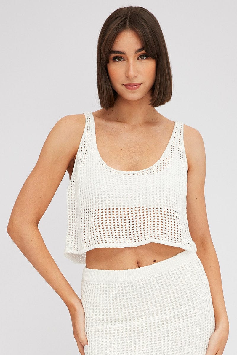 White Crochet Knit Top Scoop Neck for Ally Fashion