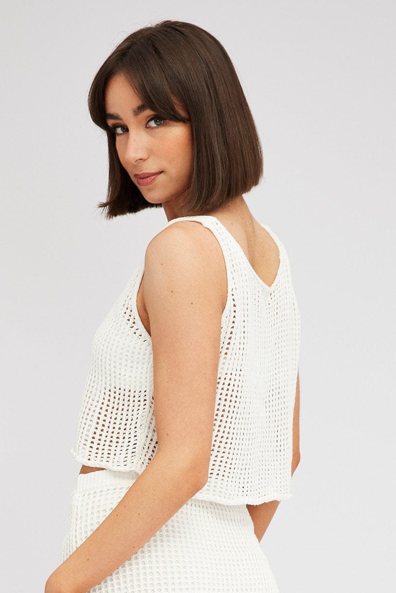 White Crochet Knit Top Scoop Neck for Ally Fashion