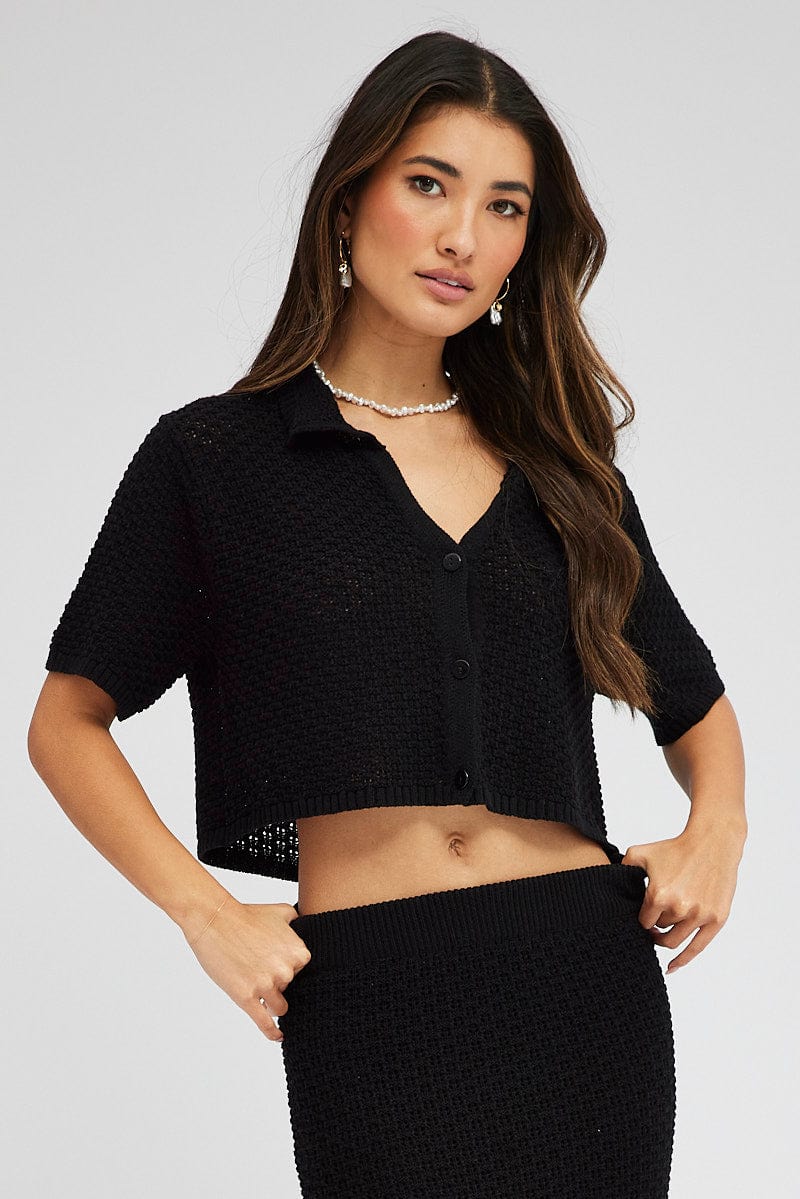 Black Crochet Knit Top Collared for Ally Fashion