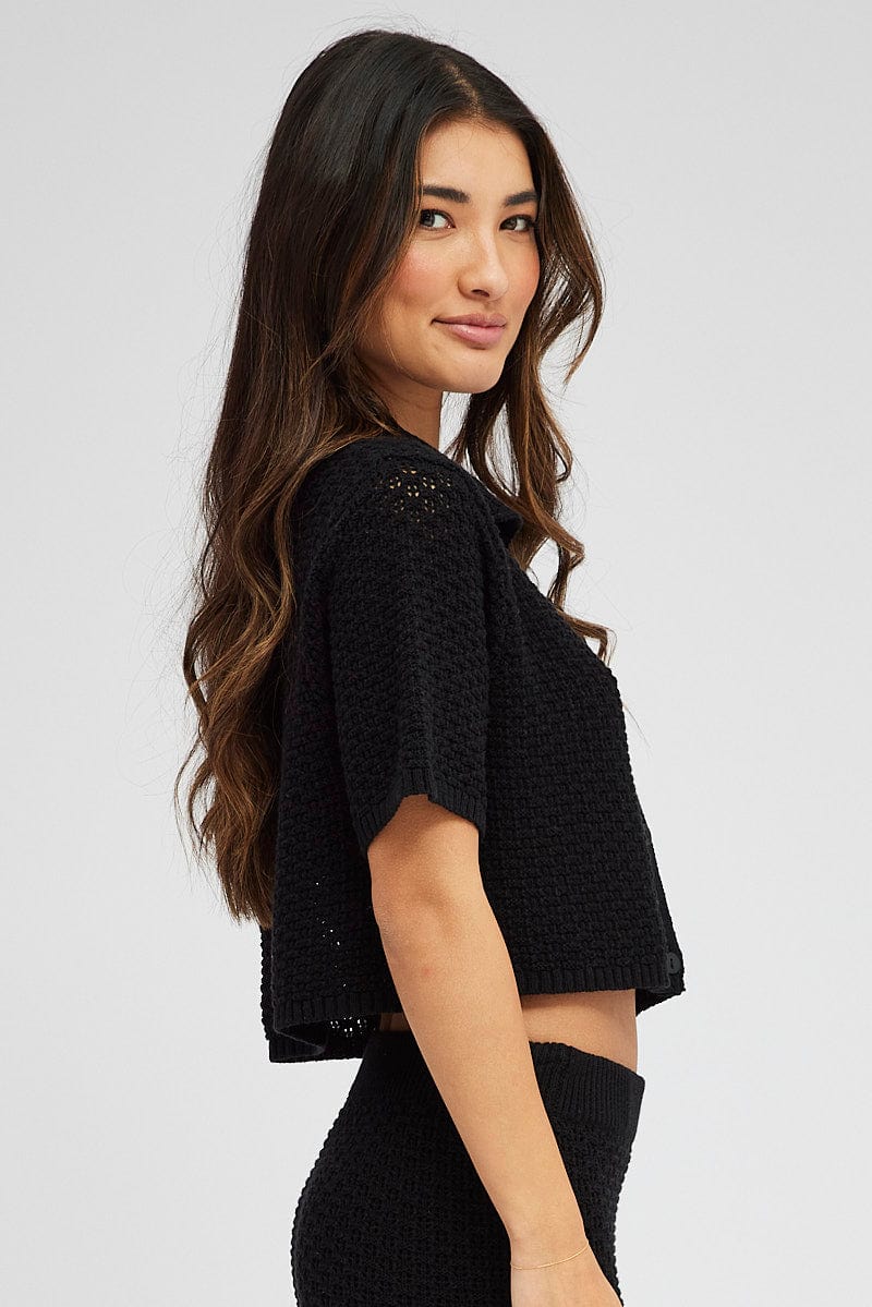 Black Crochet Knit Top Collared for Ally Fashion
