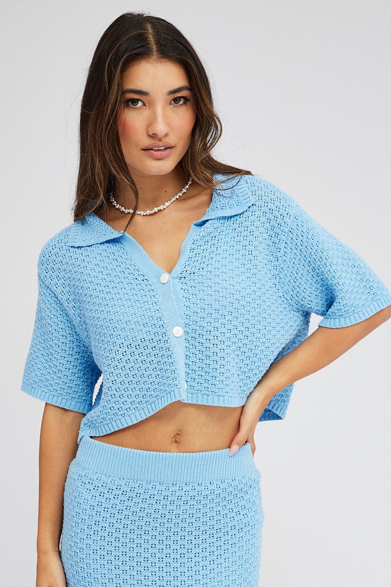 Blue Crochet Knit Top Collared for Ally Fashion