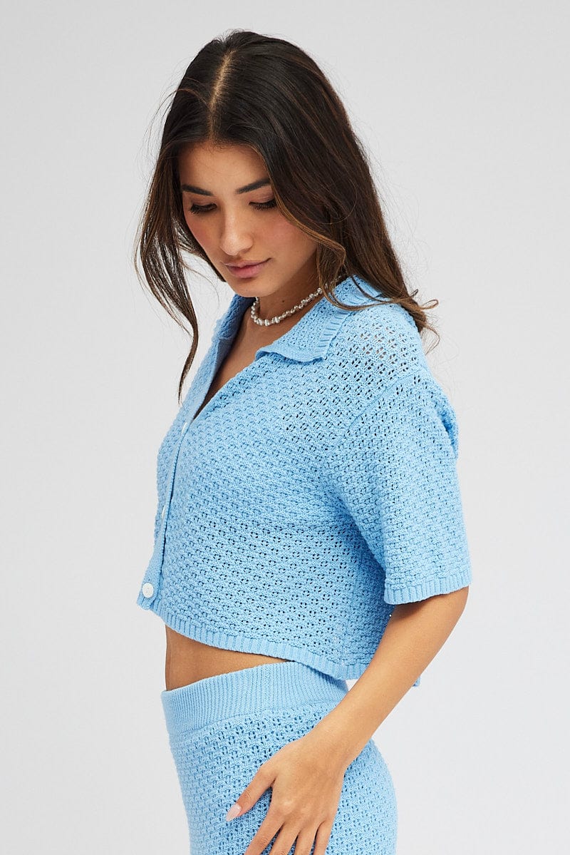 Blue Crochet Knit Top Collared for Ally Fashion