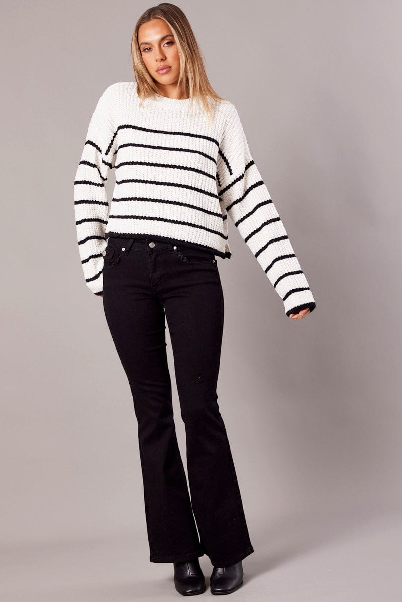 White Stripe Knit Top Long Sleeve Chenille for Ally Fashion