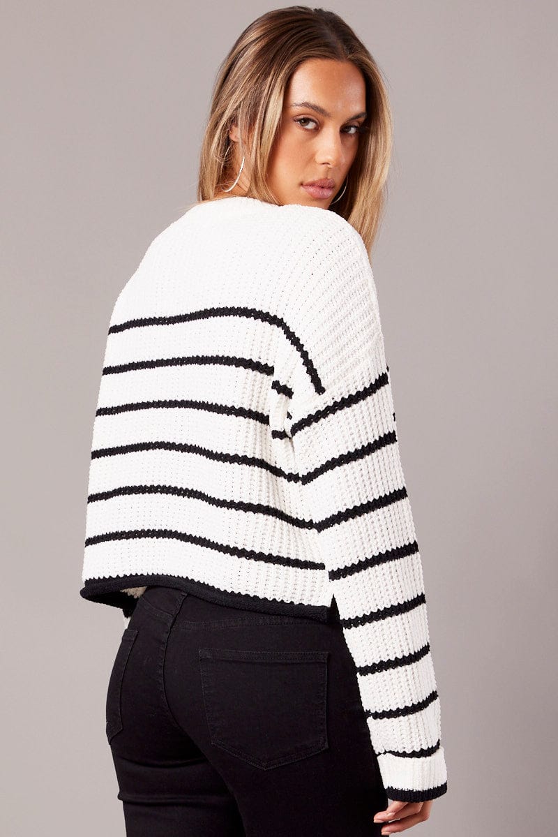 White Stripe Knit Top Long Sleeve Chenille for Ally Fashion