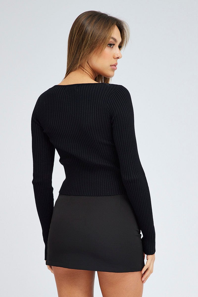 Black Cut Out Knit Top Long Sleeve for Ally Fashion