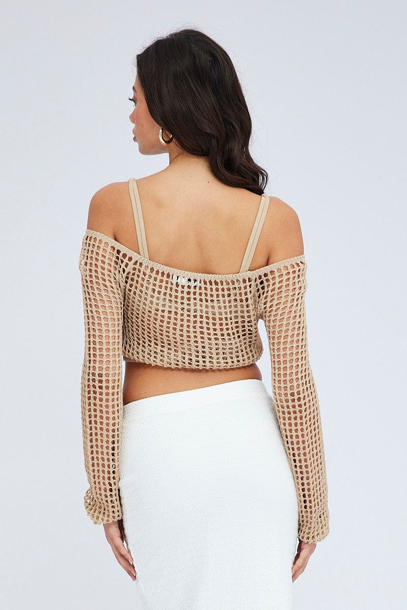 Beige Crochet Knit Top Long Sleeve Square Neck for Ally Fashion