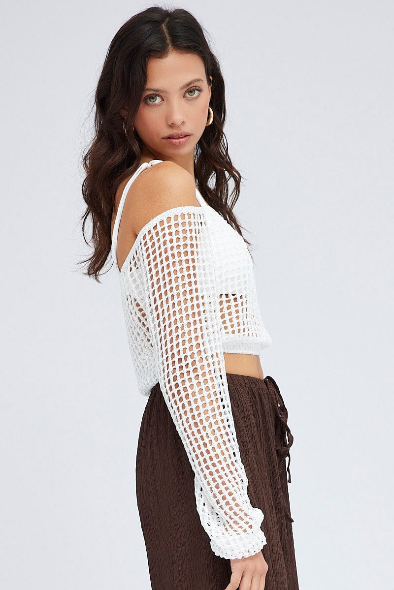 White Crochet Knit Top Long Sleeve Square Neck | Ally Fashion