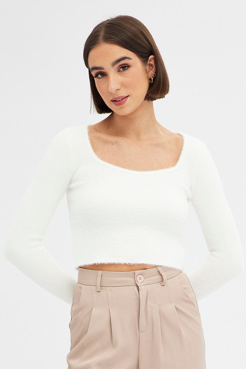 Women’s White Knit Top Long Sleeve Square Neck Ally Fashion