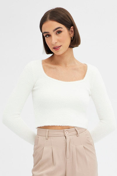 Women's White Knit Top Long Sleeve Square Neck | Ally Fashion