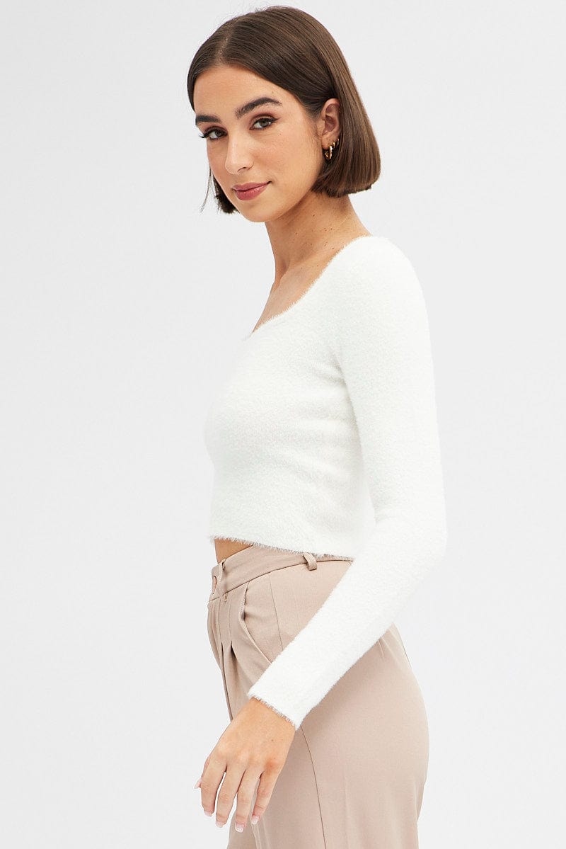 White Knit Top Long Sleeve Square Neck for Ally Fashion