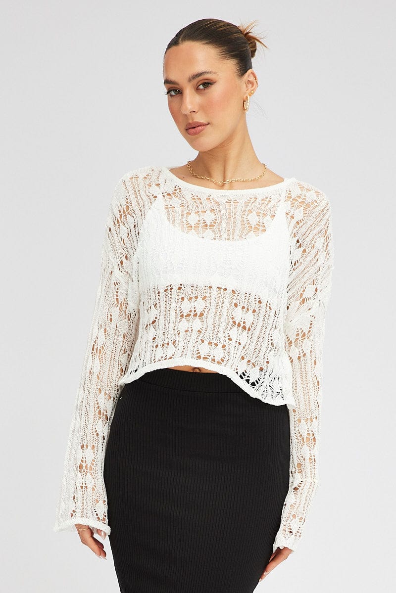 White Knit Top Long SLeeve Crew Neck for Ally Fashion