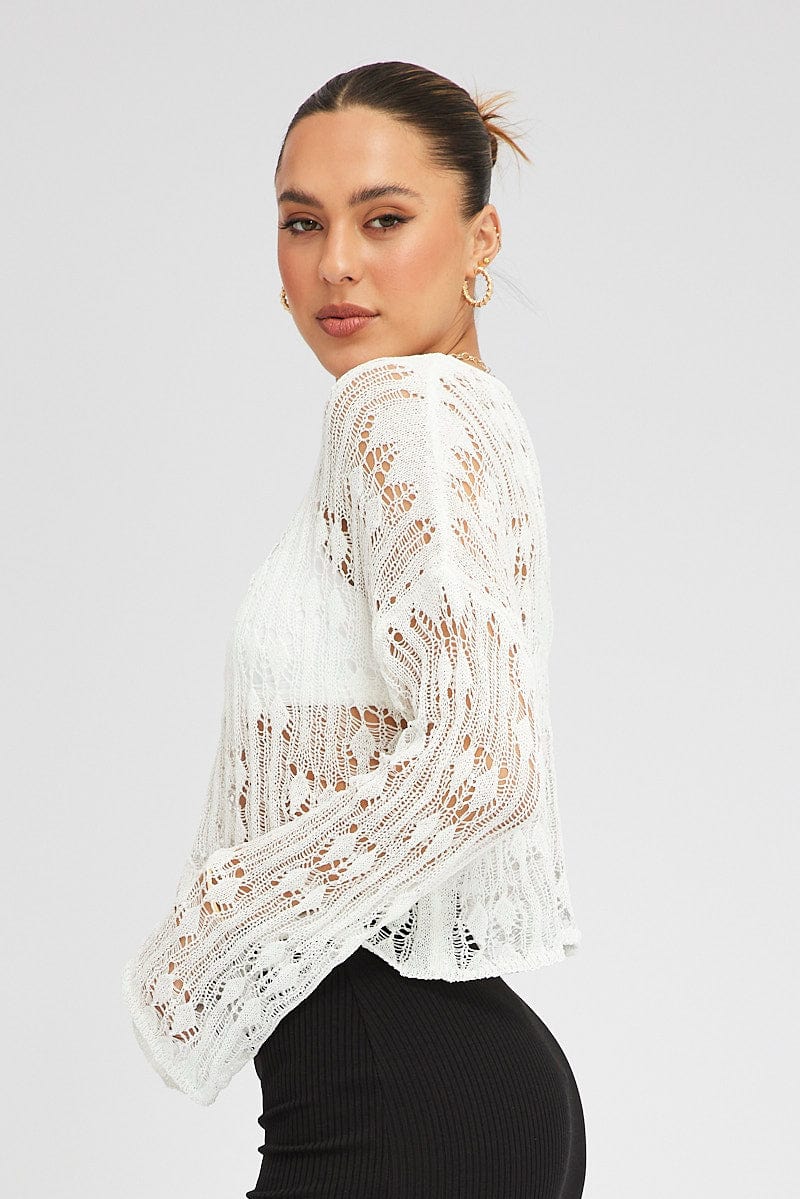 White Knit Top Long SLeeve Crew Neck for Ally Fashion