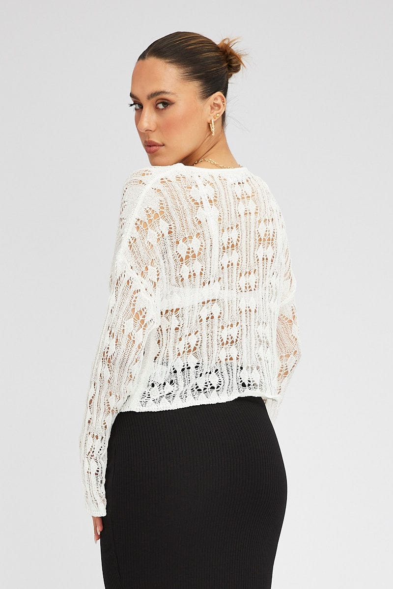 White Knit Top Long SLeeve Crew Neck for Ally Fashion