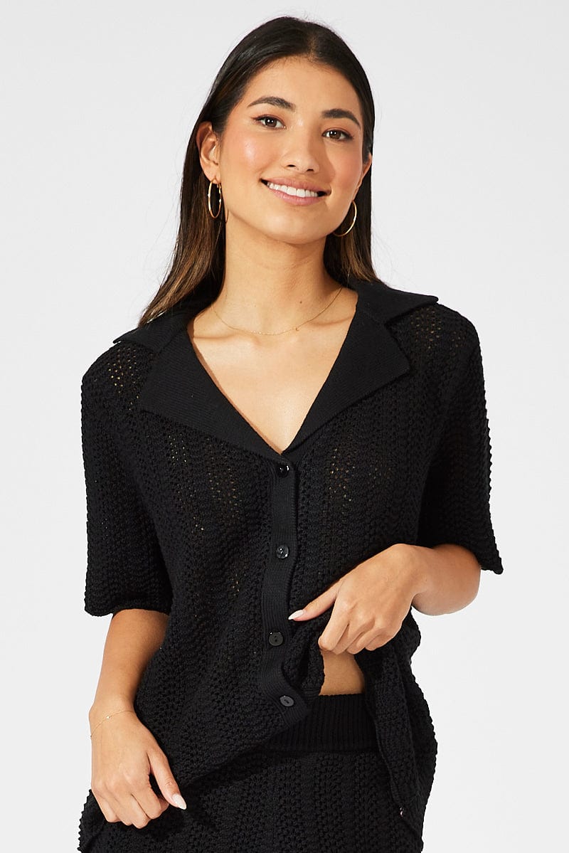 Black Collared Knit Top Short Sleeve Button Up for Ally Fashion