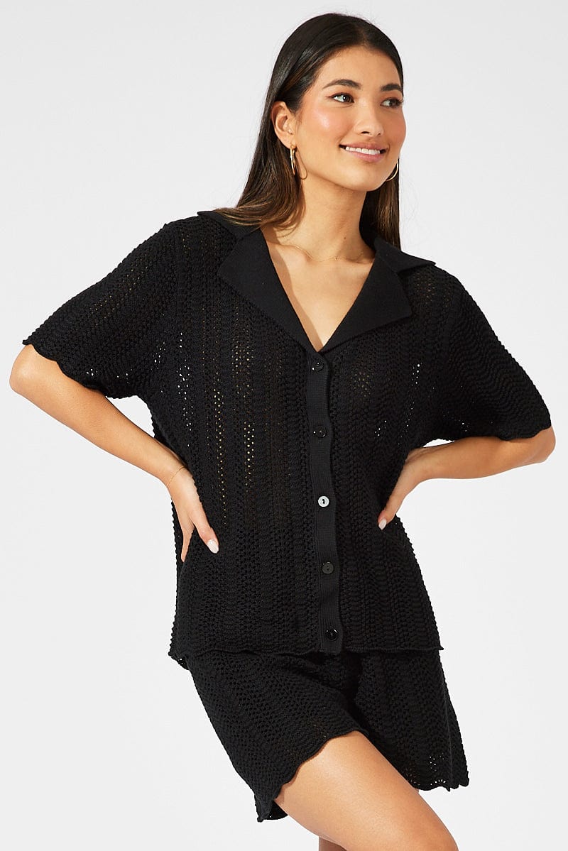 Black Collared Knit Top Short Sleeve Button Up for Ally Fashion