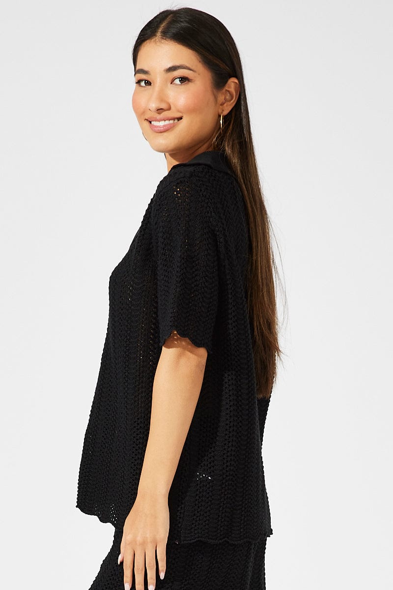 Black Collared Knit Top Short Sleeve Button Up for Ally Fashion