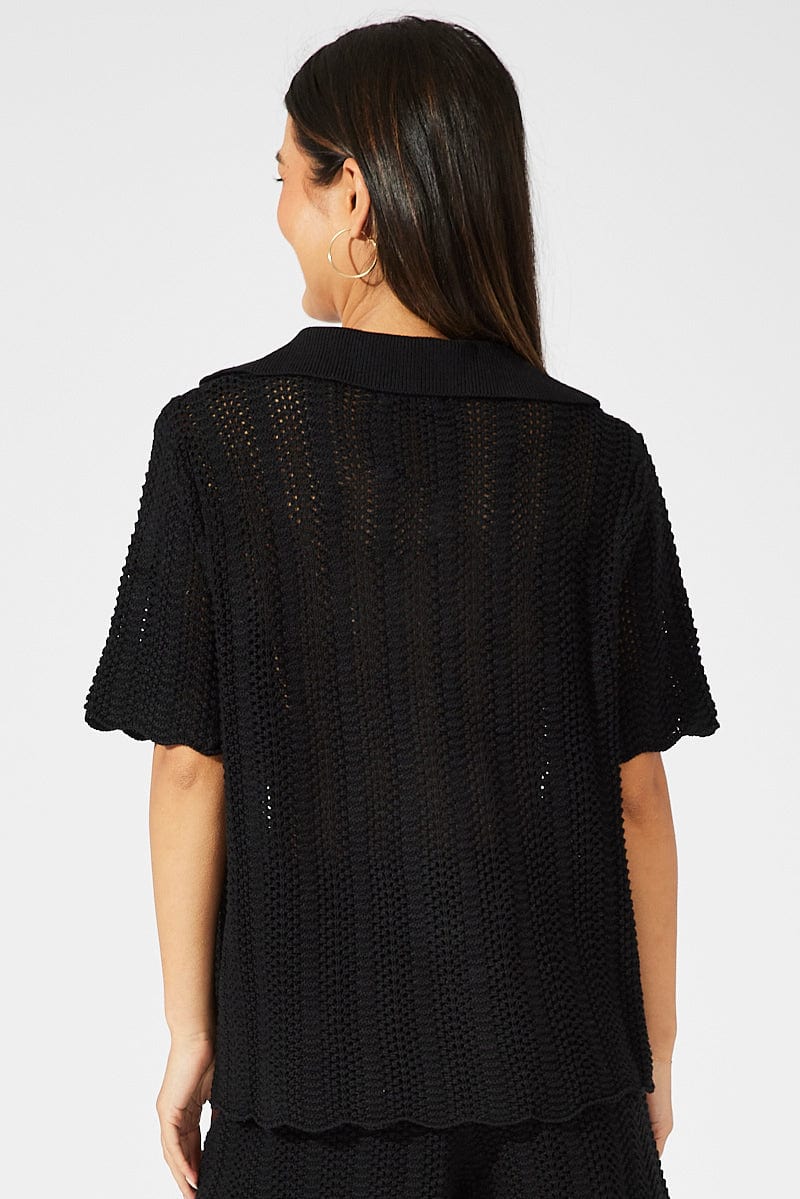 Black Collared Knit Top Short Sleeve Button Up for Ally Fashion