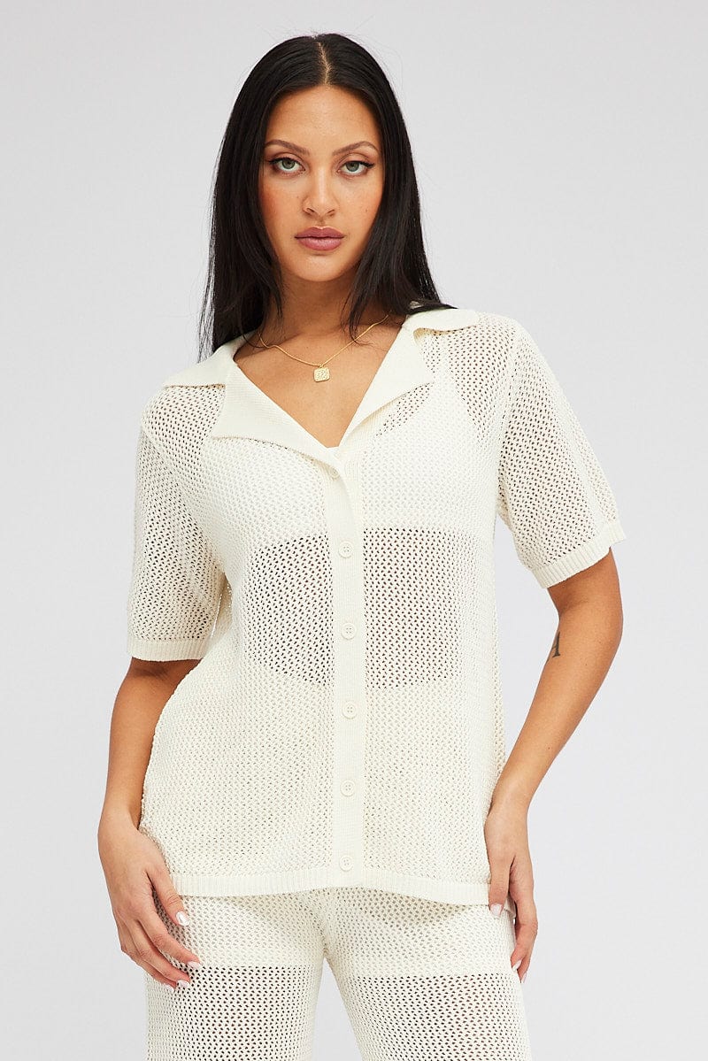 White Collar Knit Top Short Sleeve for Ally Fashion