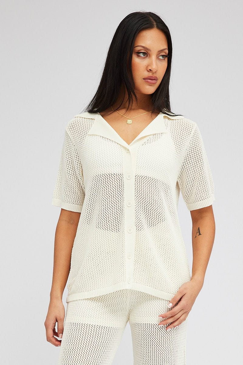 White Collar Knit Top Short Sleeve for Ally Fashion