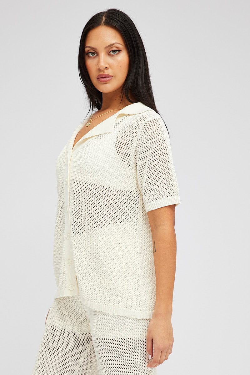 White Collar Knit Top Short Sleeve for Ally Fashion