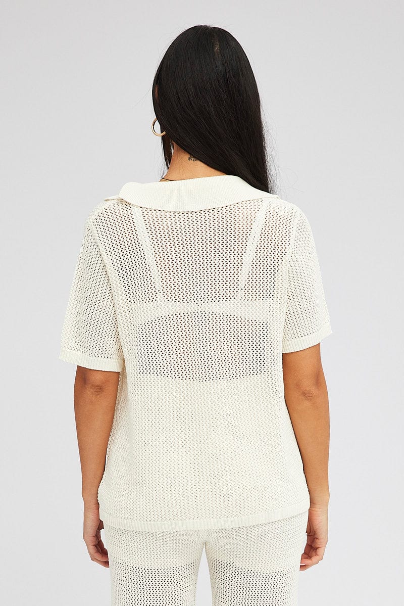 White Collar Knit Top Short Sleeve for Ally Fashion