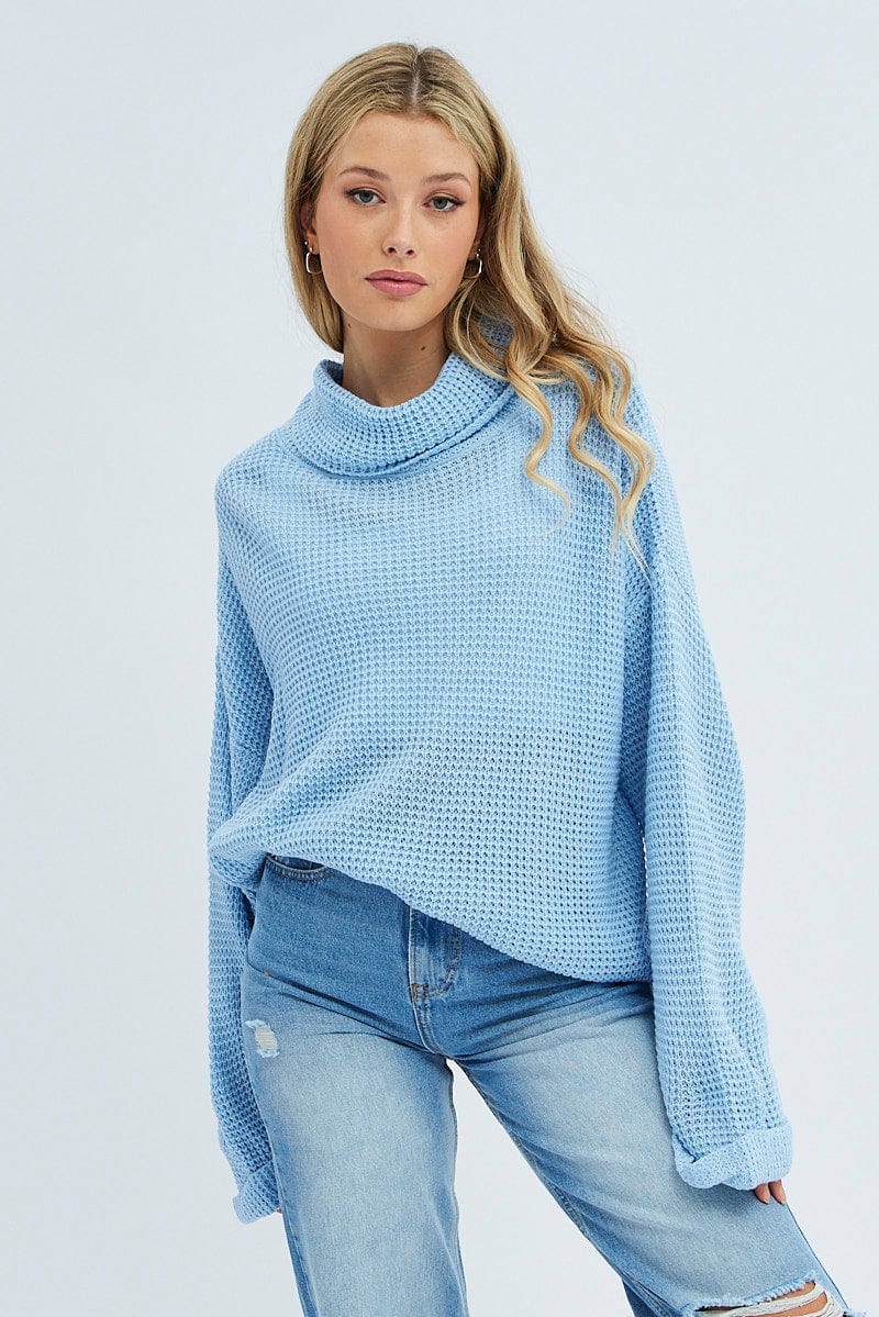 Blue Knit Top Long Sleeve Oversized Turtleneck for Ally Fashion