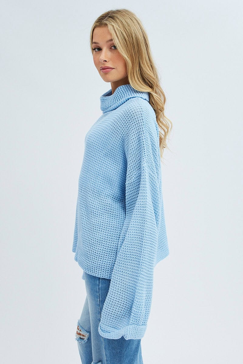 Blue Knit Top Long Sleeve Oversized Turtleneck for Ally Fashion