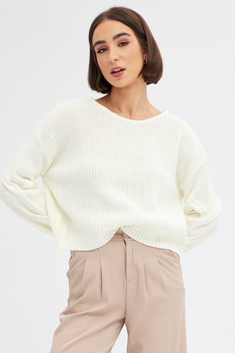 Women’s White Knit Top Long Sleeve Relaxed | Ally Fashion