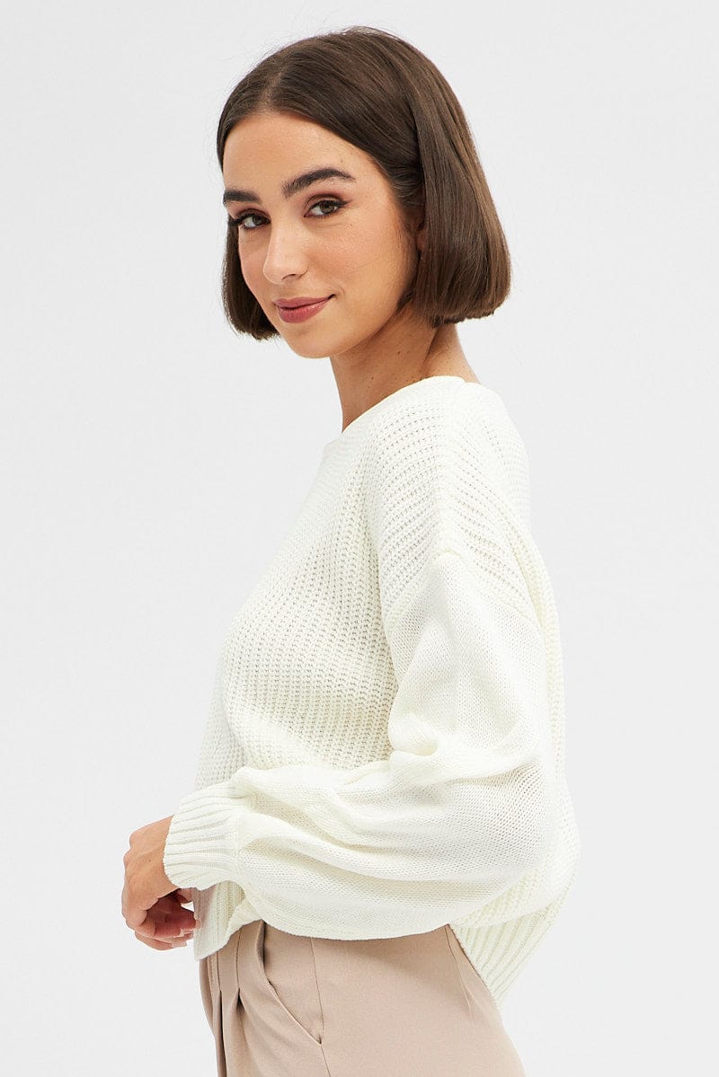 White Knit Top Long Sleeve Relaxed for Ally Fashion