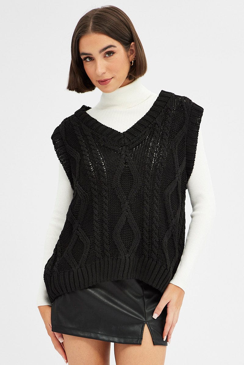 VEST Black Knit Top Sleeveless Oversized Cable for Women by Ally