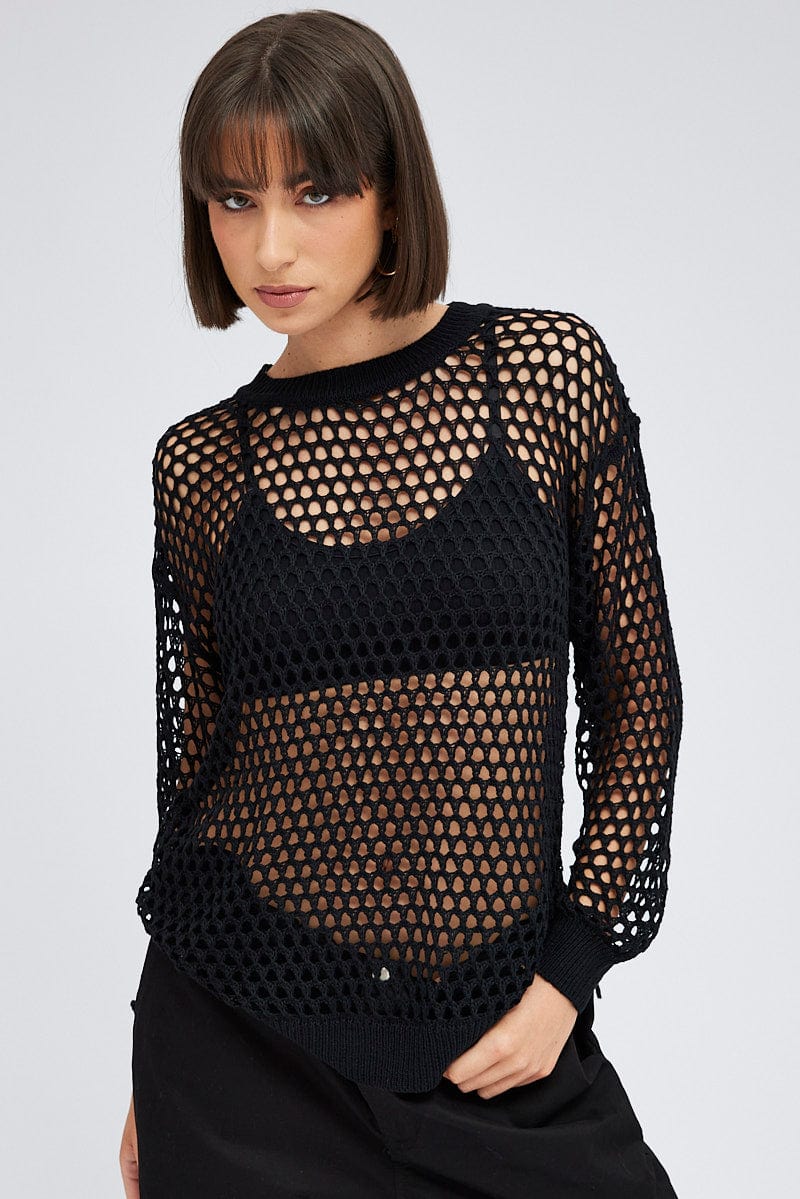 Black Oversized Knit Top Crew Neck for Ally Fashion