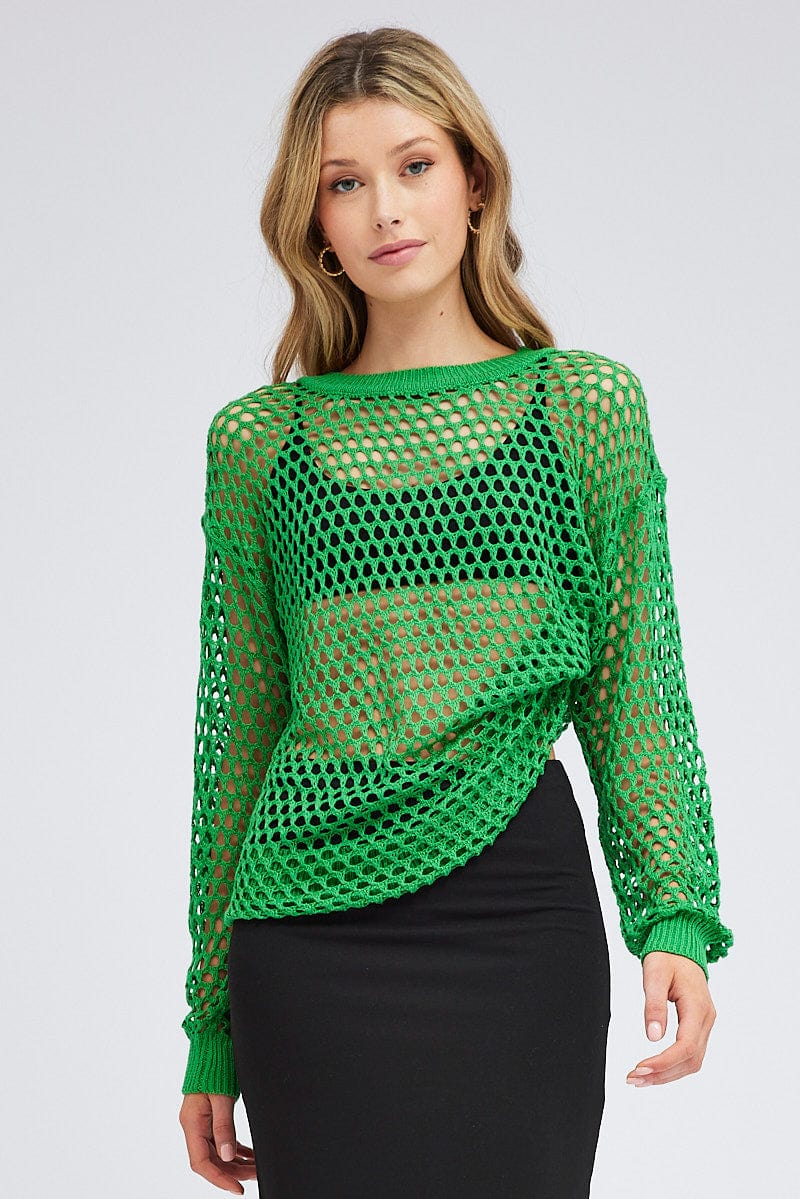 Green Oversized Knit Top Crew Neck for Ally Fashion