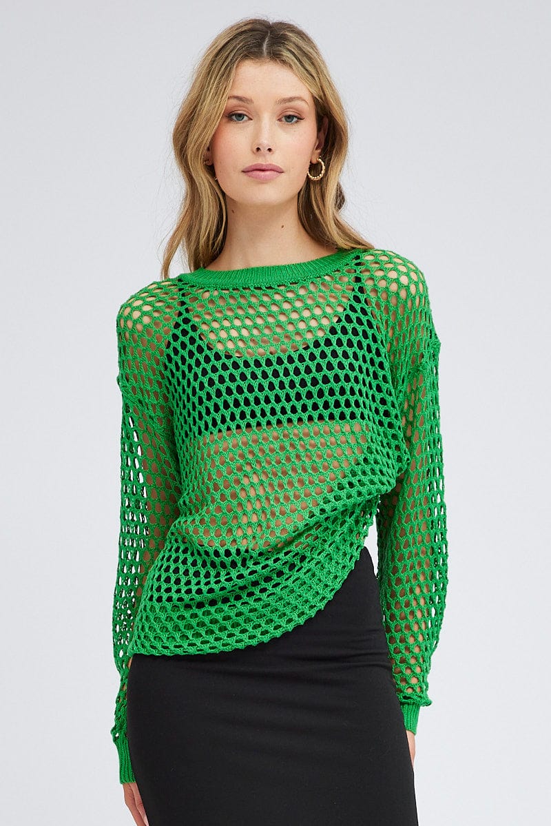 Green Oversized Knit Top Crew Neck for Ally Fashion