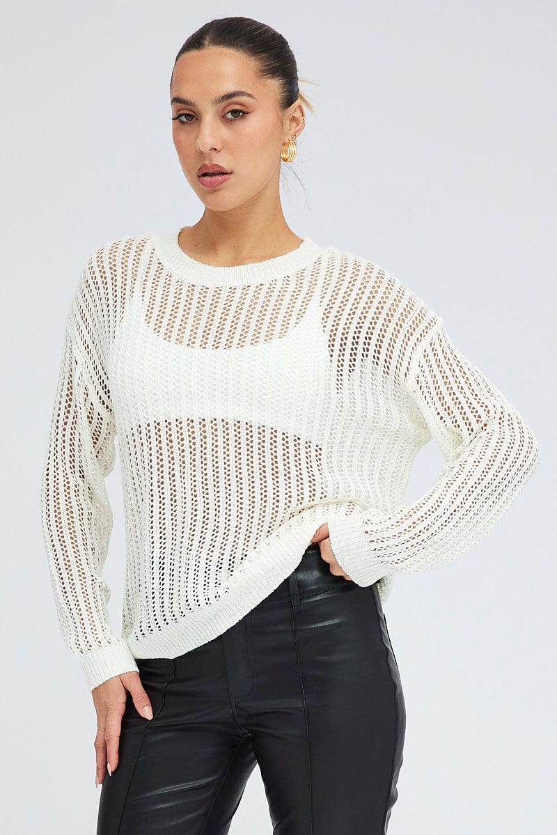 White Oversized Knit Top Crew Neck for Ally Fashion