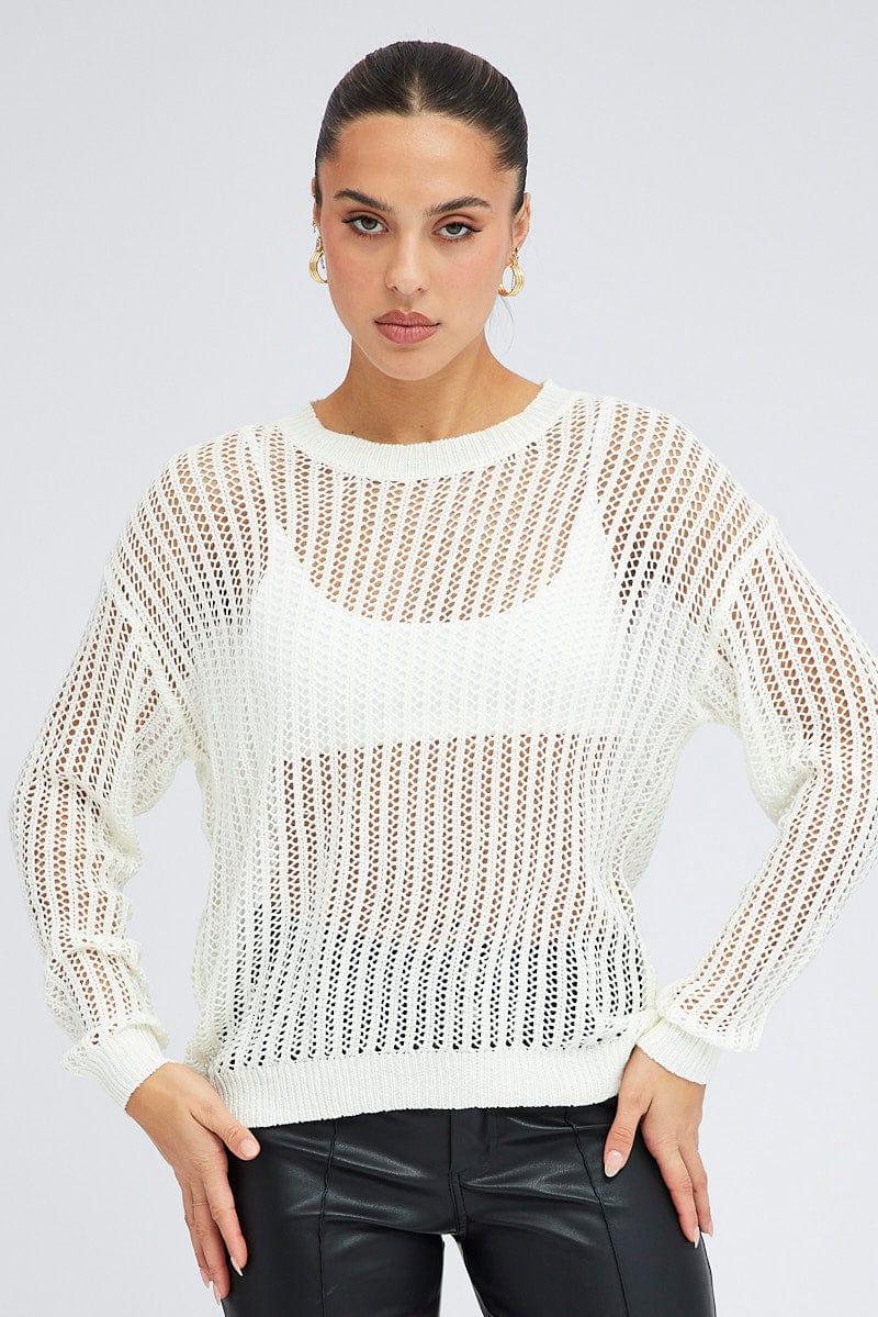 White Oversized Knit Top Crew Neck for Ally Fashion