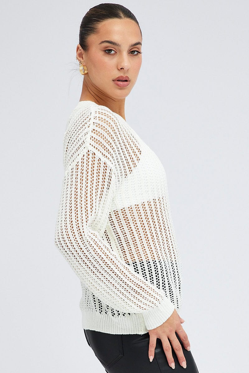 White Oversized Knit Top Crew Neck for Ally Fashion