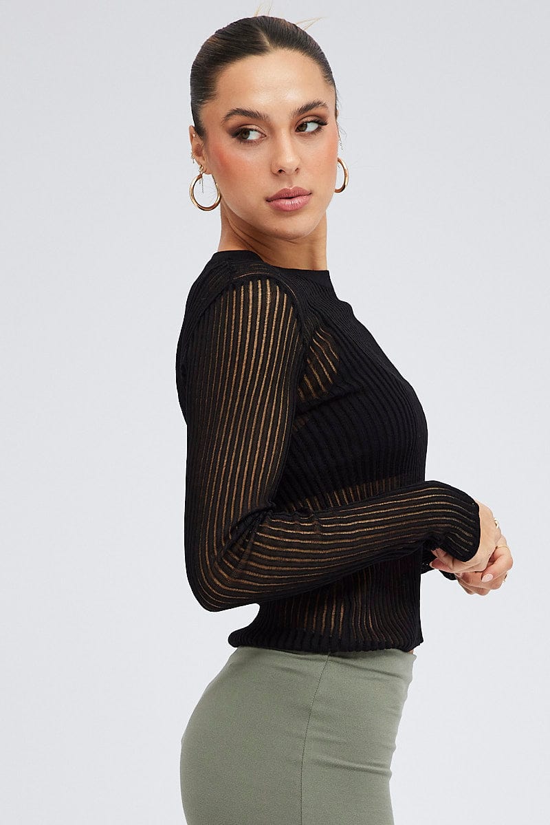 Black Knit Top Long Sleeve Crew Neck for Ally Fashion