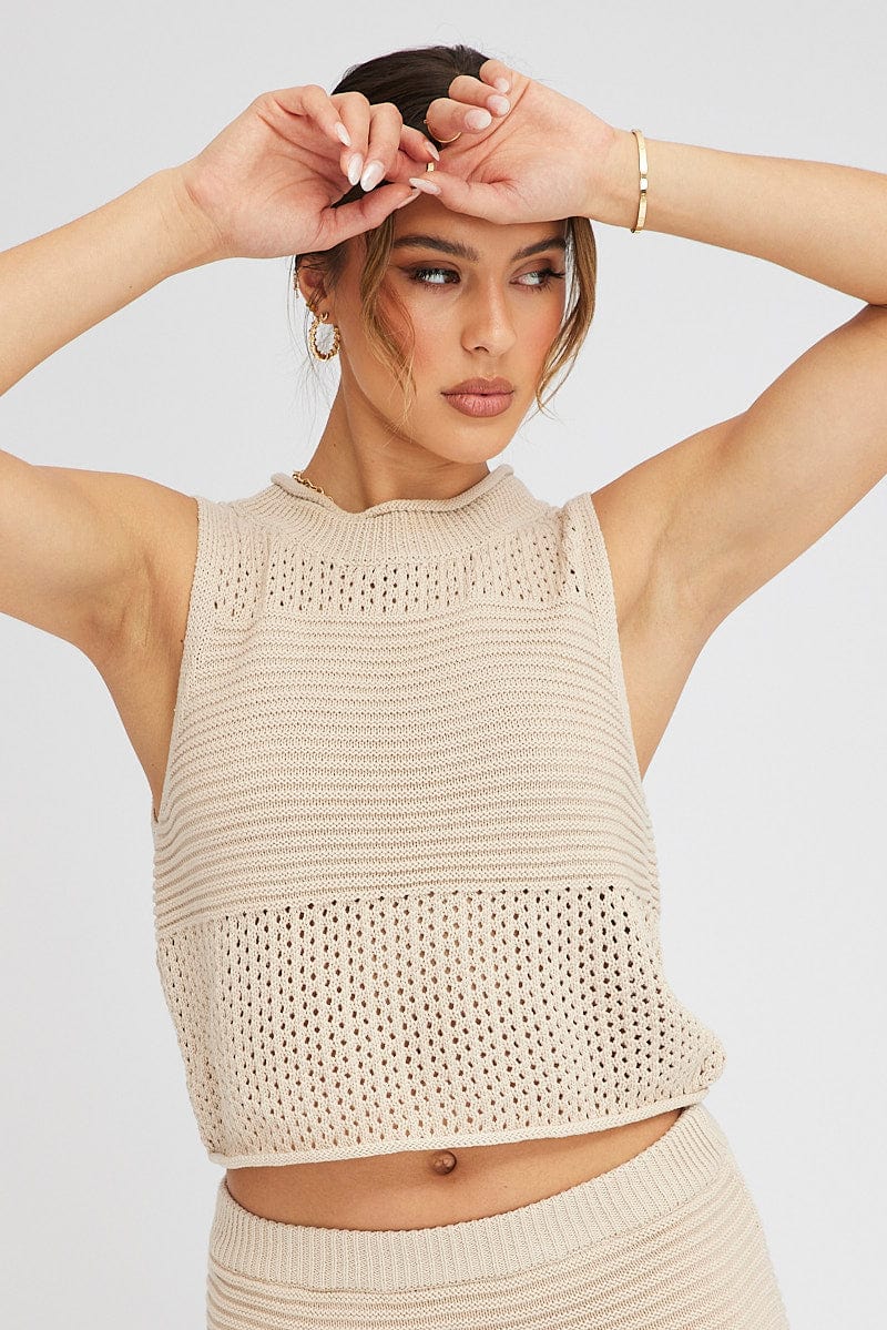 Beige Crochet Knit Tank Top for Ally Fashion
