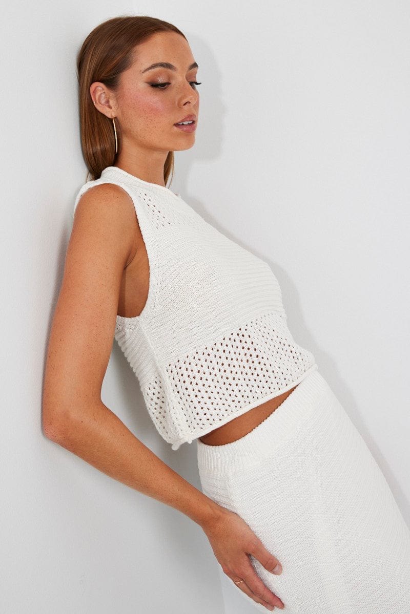 White Crochet Knit Tank Top for Ally Fashion