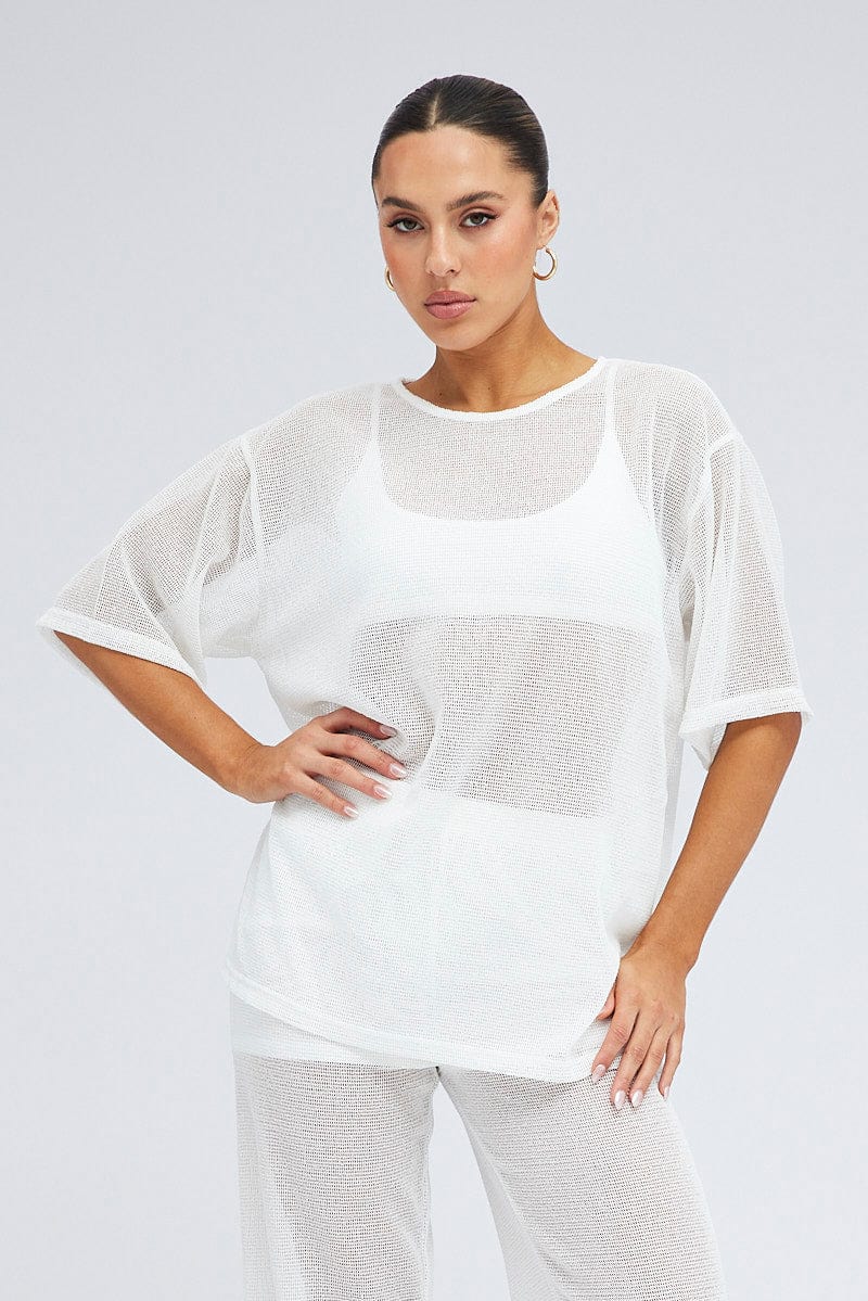 White Oversized Knit Top Short Sleeve Crew Neck for Ally Fashion