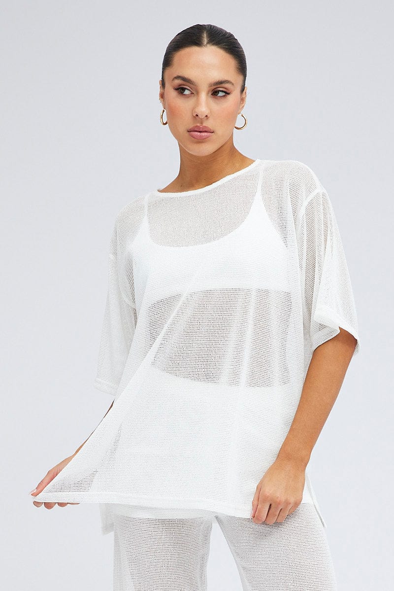 White Oversized Knit Top Short Sleeve Crew Neck for Ally Fashion